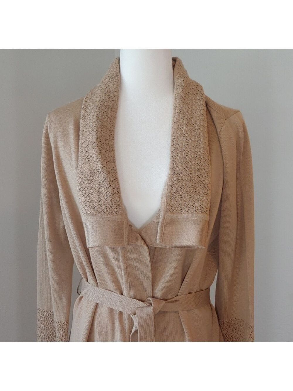 Calvin Klein Belted Wool Blend Wrap Cardigan Coat in Camel Tan Women's Large - Picture 6 of 16